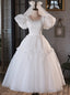 White Tulle Puff Sleeve Pleats Wedding Dress