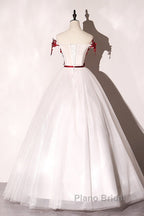 White Tulle Scoop Long Formal Dresses With Red Lace, Lovely Red Formal Dresses Formal Prom Dresses