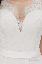 White Tulle Scoop Neck Lace Appliques Beading Wedding Dresses