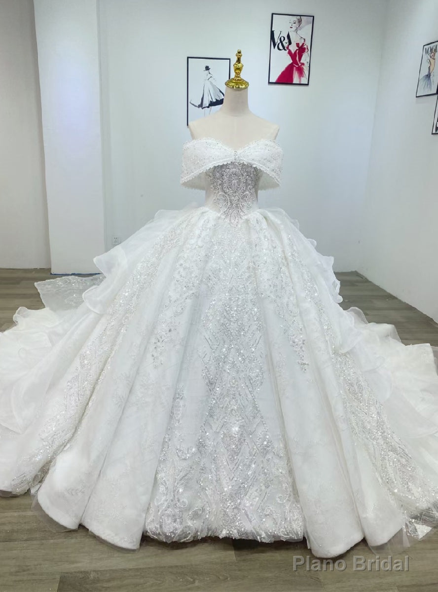 White Tulle Sequins Appliques Off the Shoulder Wedding Dress Main image