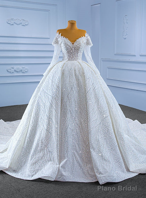White Tulle Sequins Beading Long Sleeve Luxury Wedding Dress Main image