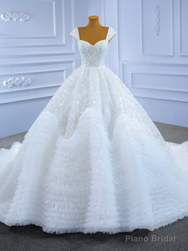 White Tulle Sequins Beading Straps Wedding Dress Main image