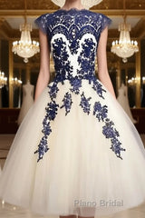 White Tulle Short Navy Blue Lace  Formal Prom Dresses, Short Blue Lace Homecoming Dresses