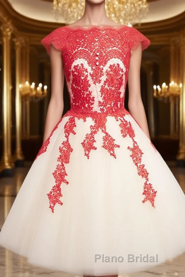 White Tulle Short Red Lace Formal Prom Dresses, Short Red Lace Homecoming Dresses Main image