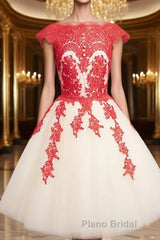White Tulle Short Red Lace Formal Prom Dresses, Short Red Lace Homecoming Dresses