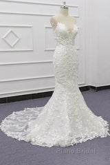 White Tulle Wedding Dresses Lace Appliques Spaghetti Straps Mermaid Bridal Dresses Open Back