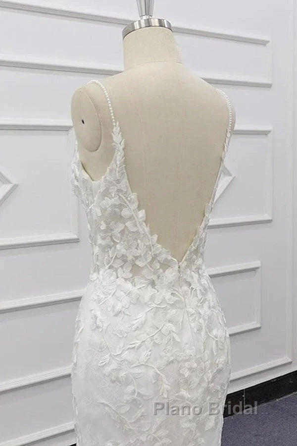 White Tulle Wedding Dresses Lace Appliques Spaghetti Straps Mermaid Bridal Dresses Open Back