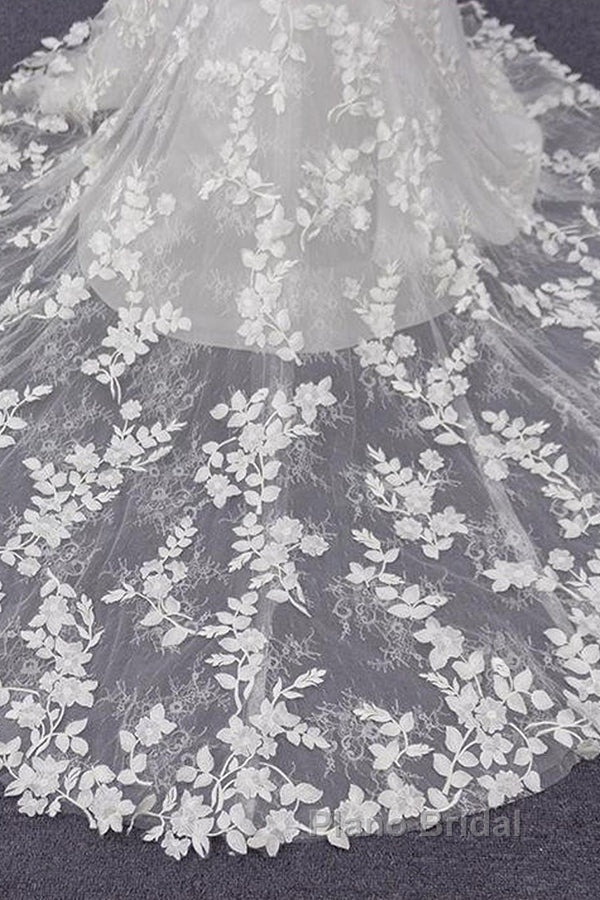 White Tulle Wedding Dresses Lace Appliques Spaghetti Straps Mermaid Bridal Dresses Open Back