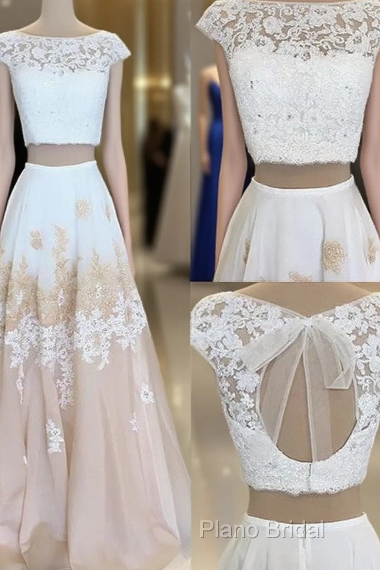 White Two Pieces Lace Long Formal Prom Dresses, White Formal Dresses Main image