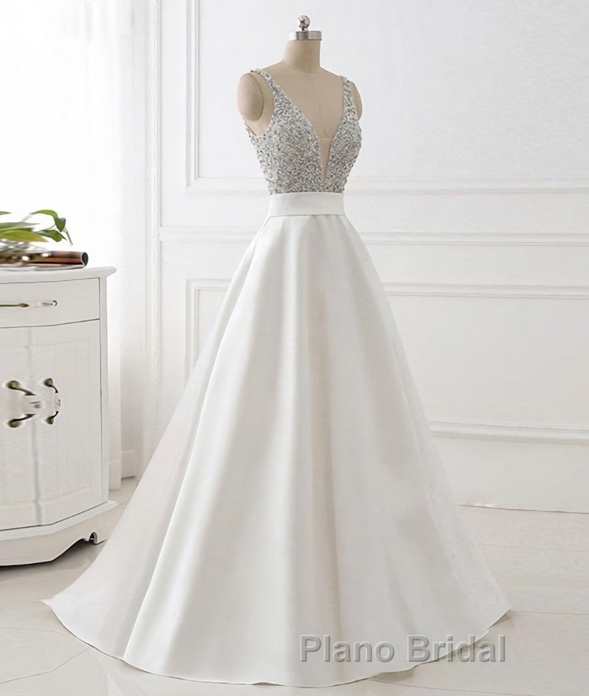 White v neck beads sequin long Formal Prom dress, white evening dress