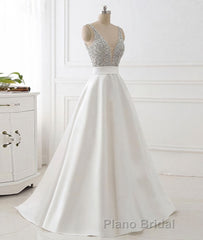 White v neck beads sequin long Formal Prom dress, white evening dress