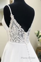 White v neck chiffon long Formal Prom dress, white lace evening dress