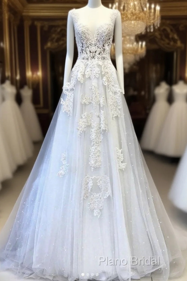 White V Neck Lace Tulle Long Wedding Dresses, Lace Formal Prom Dresses