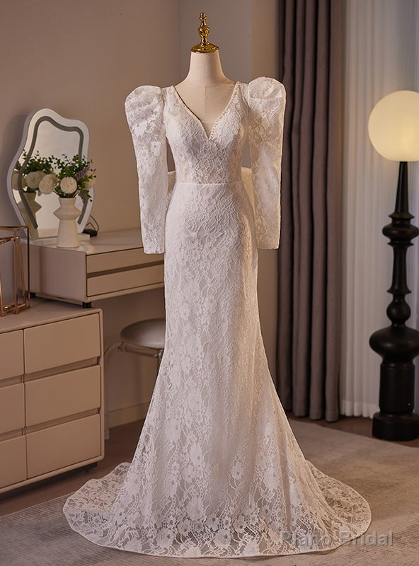 White V-neck Long Sleeve Lace Wedding Dress Main image