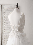 White V Neck Tulle Beads Long Prom Dress White Evening Dress