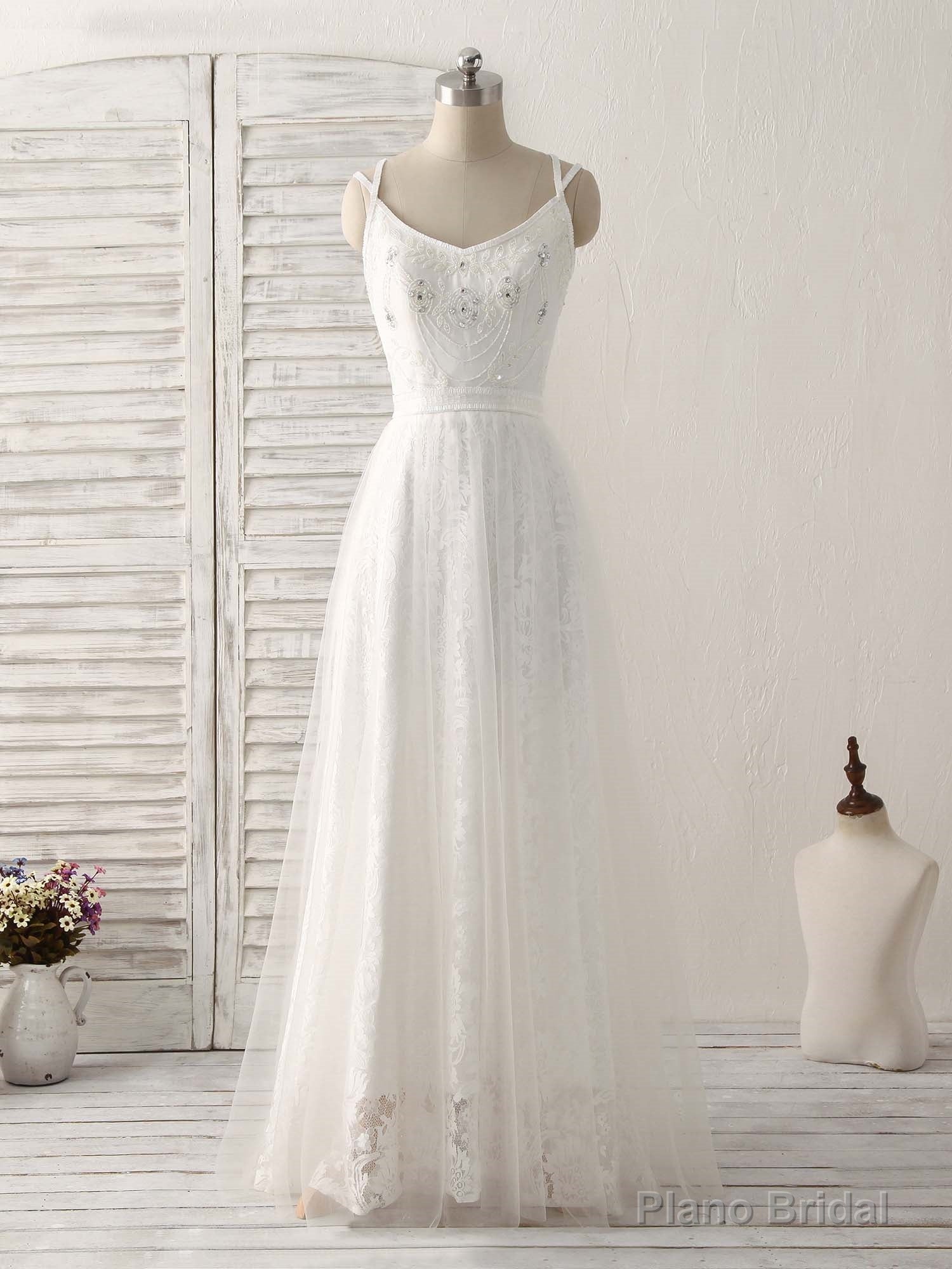 White V Neck Tulle Lace Long Prom Dress White Evening Dress Main image