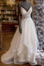 White V Neck Tulle Lace Long Formal Prom Dresses, White Lace Formal Dresses