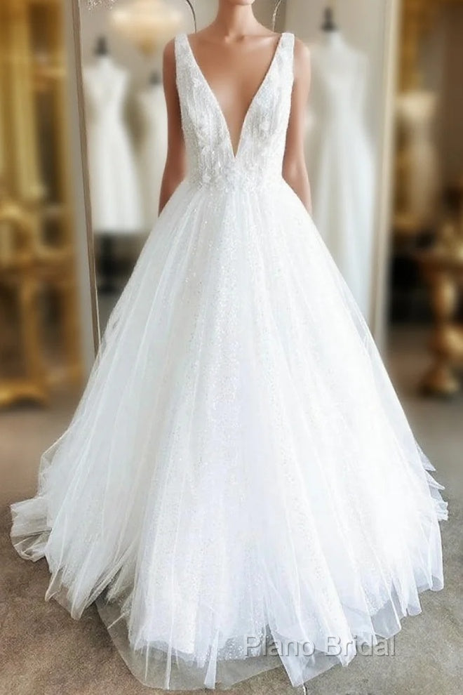 White V Neck Tulle Lace Long Formal Prom Gown Wedding Dresses Main image