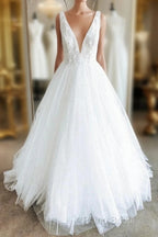 White V Neck Tulle Lace Long Formal Prom Gown Wedding Dresses