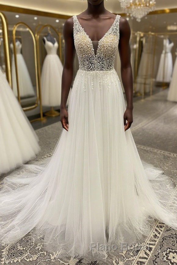 White v neck tulle sequin beads long Formal Prom dress, A line evening dress Main image