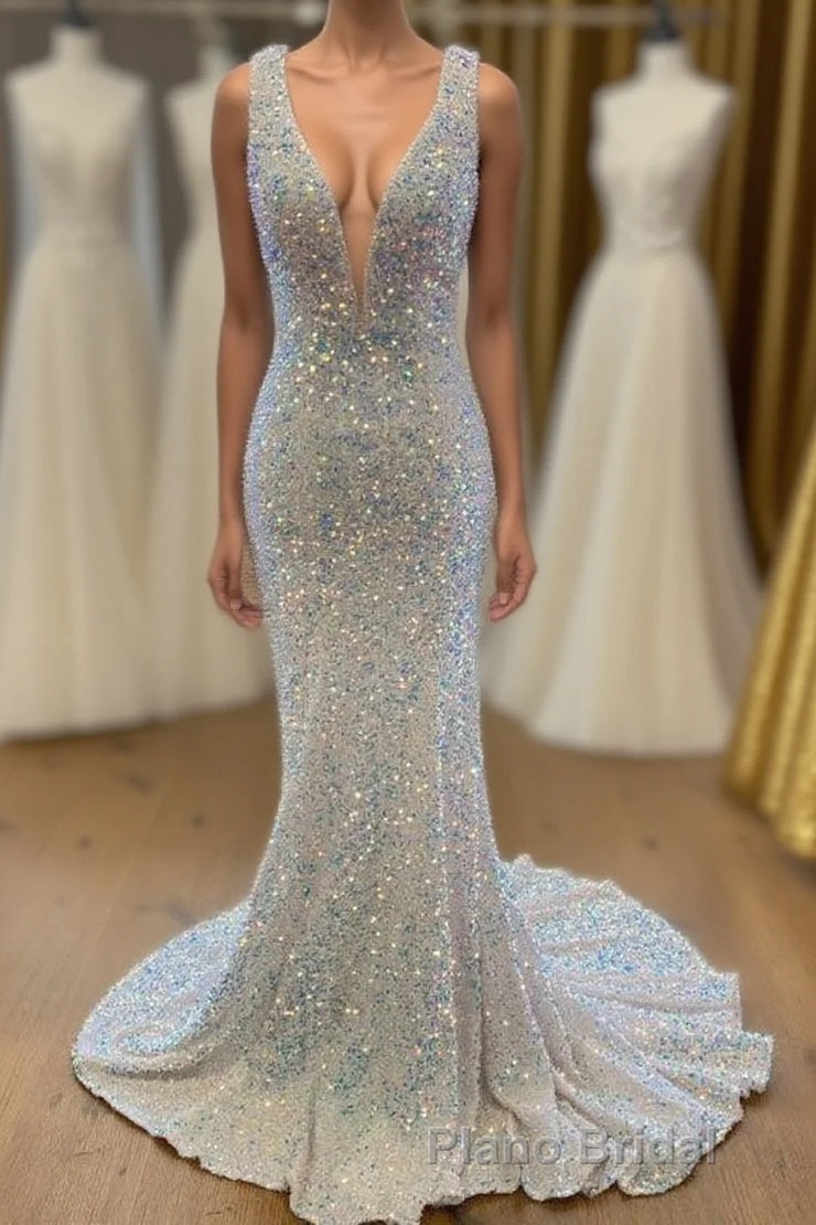White Sequined Deep V Neck Sleeveless Glitter Formal Prom Dresses Formal Gown