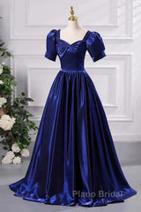 Wholesale Blue Satin Floor Length Formal Prom Dresses A-Line Short Sleeve Backless Evening Party Dresses