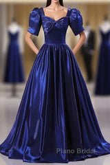 Wholesale Blue Satin Floor Length Formal Prom Dresses A-Line Short Sleeve Backless Evening Party Dresses
