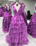Wholesale Dark Purple Princess A-Line Deep V-Neck Long Tiered Formal Prom Party Dresses Formal Prom Clothing