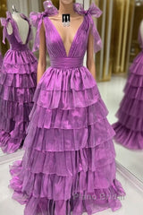 Wholesale Dark Purple Princess A-Line Deep V-Neck Long Tiered Formal Prom Party Dresses Formal Prom Clothing