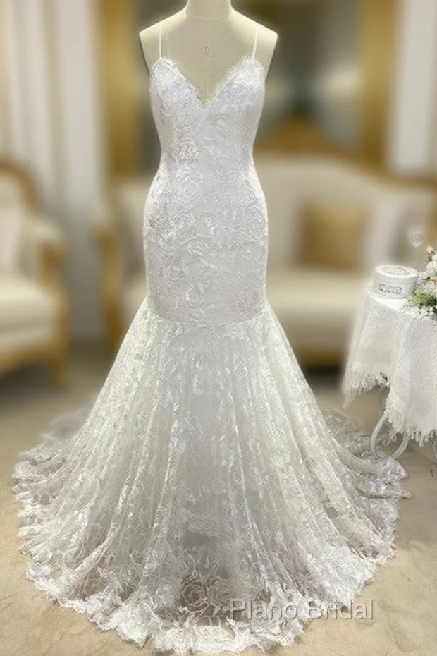 Wholesale Trumpet/Mermaid V-Neck Sleeveless Lace Applique Sweep/Brush Train Wedding Dresses Main image