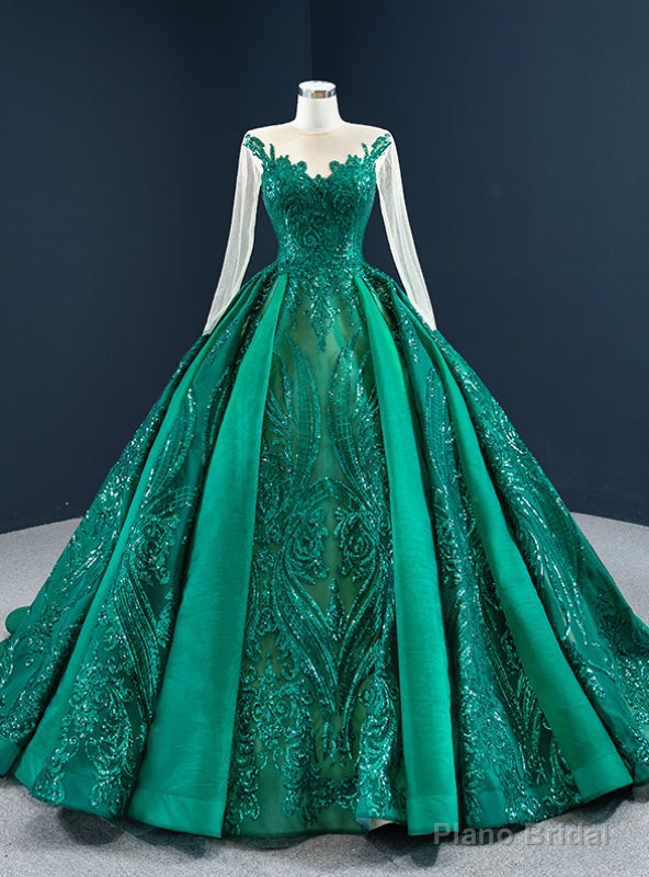 Wide Range Of Green Sequins Satin Long Sleeve Scoop Pleats Prom Dress Main image
