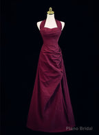 Wine Red A-Line Halter Vintage Style Prom Dress, Wine Red Long Evening Dress