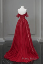Wine Red A-Line Tulle Sweetheart Floor Length Party Dresses, Wine Red Tulle Formal Prom Dresses