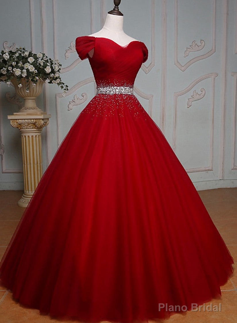 Wine Red Ball Gown Off Shoulder Beaded Party Dress, Tulle Off Shoulder Prom Dress Secondary image
