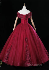 Wine Red Ball Gown Sweetheart Off Shoulder Long Party Dresses, Wine Red Sweet 16 Dresses