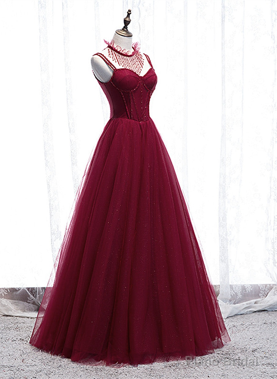 Wine Red Beaded Straps Party Dress Prom Dress, Beaded Tulle Formal Dress Main image