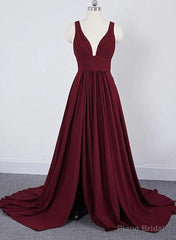 Wine Red Chiffon High Slit Long Party Dress, Charming Long Straps Bridesmaid Dresses