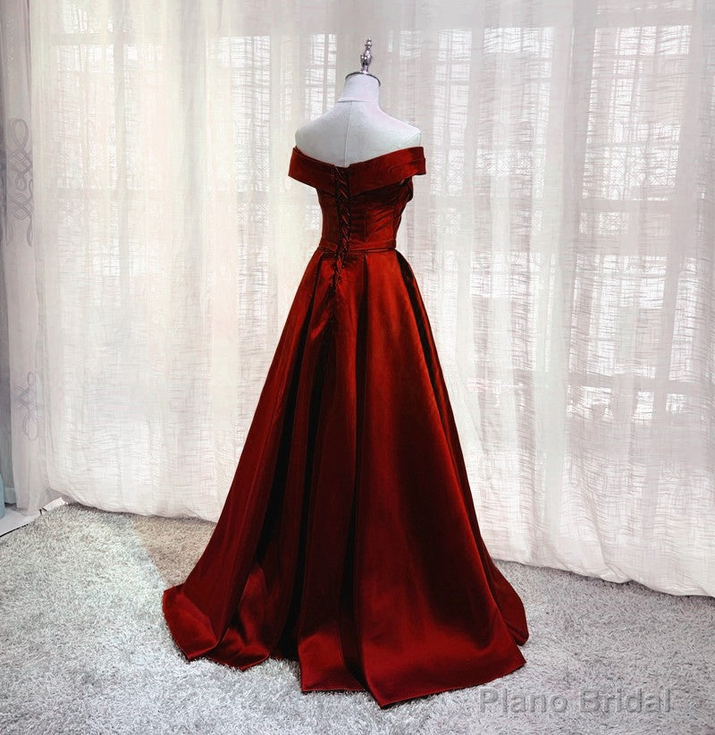 Wine Red Floor Length Off Shoulder Wedding Party Dress, Dark Red Prom Dress