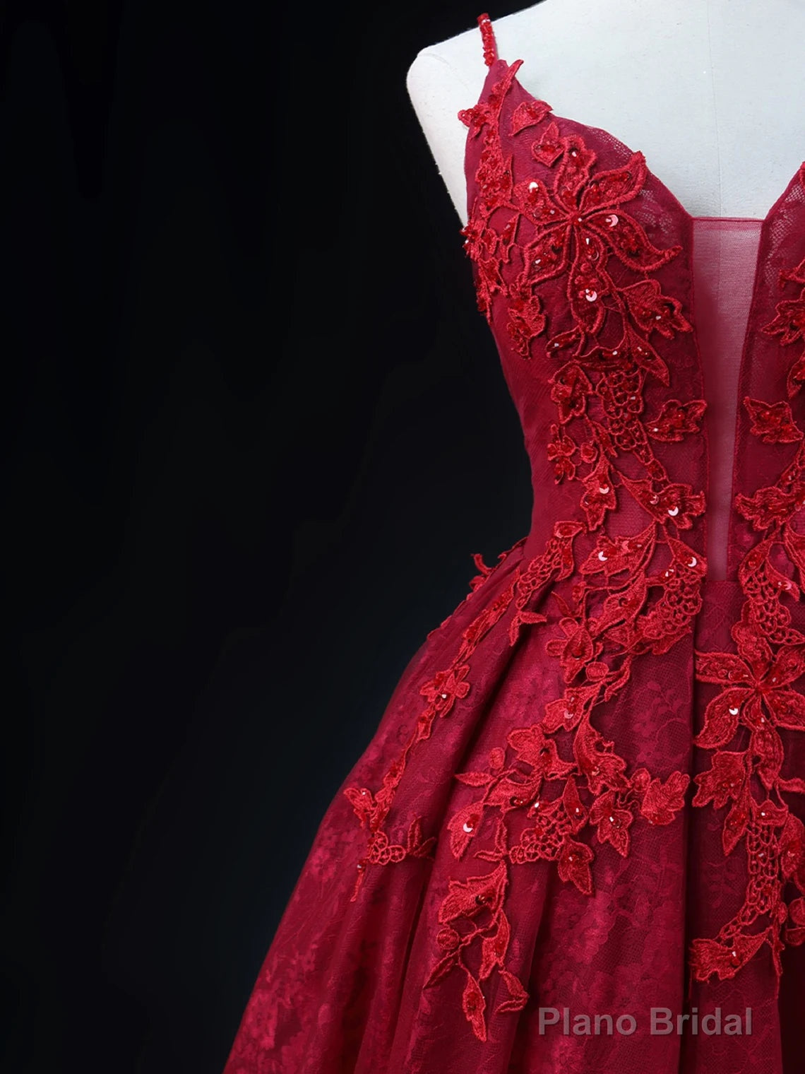 Wine Red Lace Applique Straps V-neckline Party Dress, Floor Length Wine Red Prom Dress