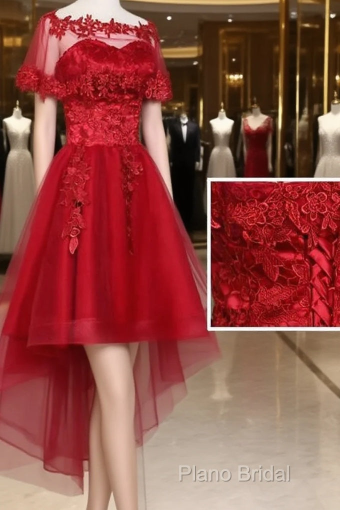 Wine Red Lace Tulle High Low Lace Formal Homecoming Dresses Main image