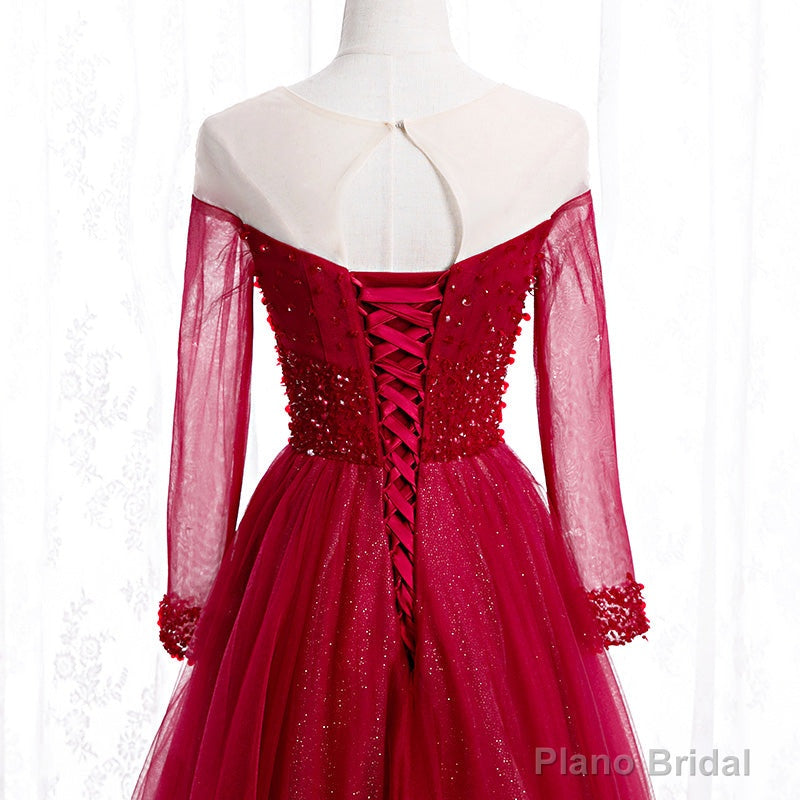 Wine Red Long Sleeves Beaded Tulle Evening Gown, A-line Wine Red Long Prom Dress