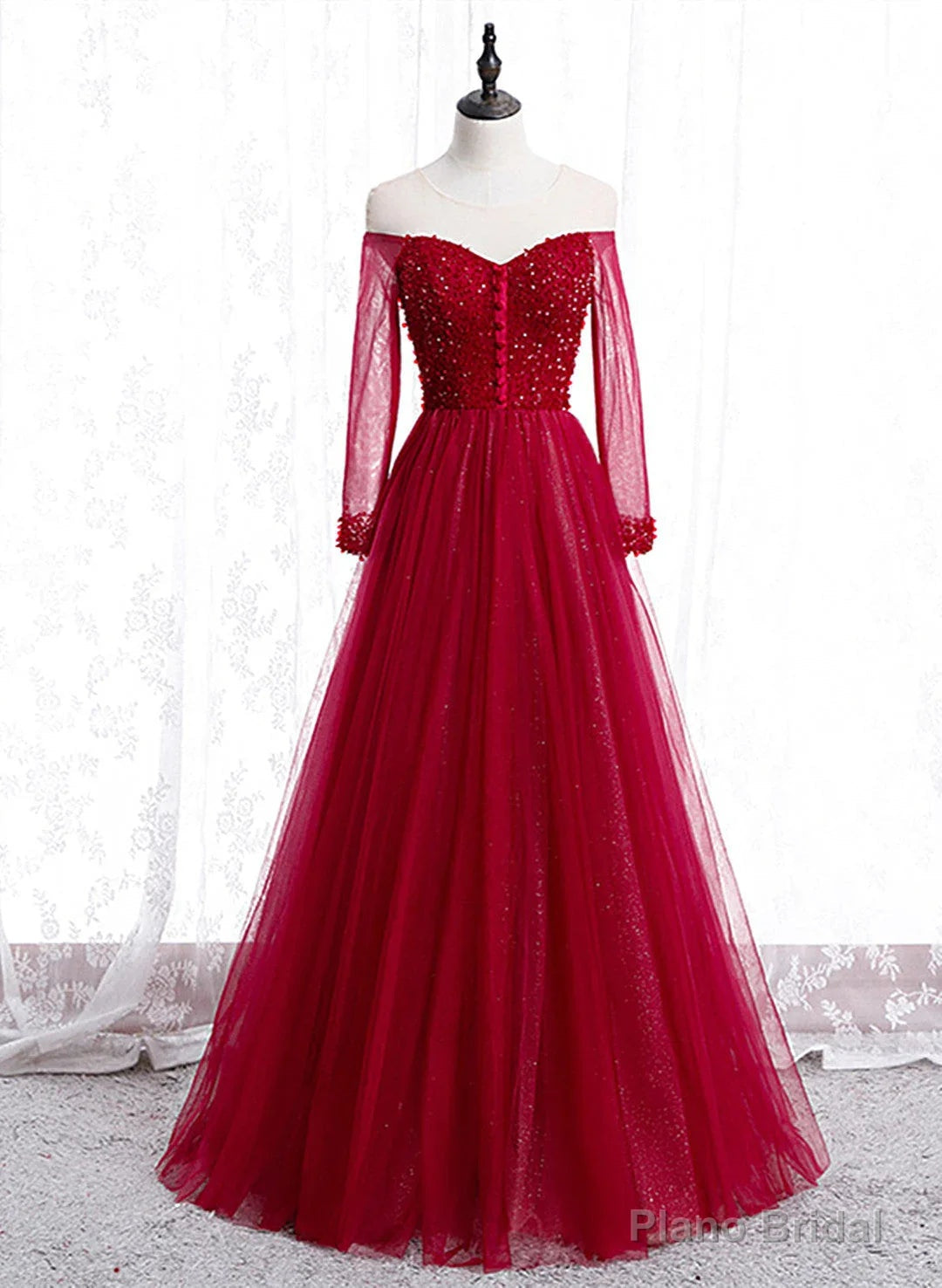 Wine Red Long Sleeves Beaded Tulle Evening Gown A-line Wine Red Long Prom Dress prom dresses shops Main image