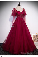 Wine Red Long Sleeves Tulle Formal Gown Formal Prom Dresses, Dark Red Beaded Party Dresses