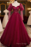 Wine Red Long Sleeves Tulle Formal Gown Formal Prom Dresses, Dark Red Beaded Party Dresses