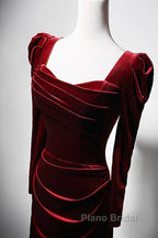 Wine Red Long Sleeves Velvet Long Party Dresses, Wine Red A-Line Formal Prom Dresses Wedding Party Dresses