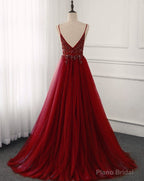 Wine Red Long Tulle V-neckline Beaded Junior Prom Dress, Dark Red Party Dress
