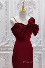 Wine Red Mermaid Evening Gown With Leg Slit, Straps Long Formal Prom Dresses