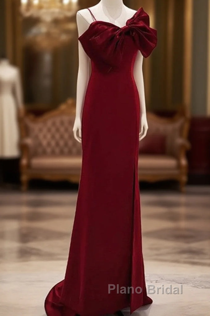 Wine Red Mermaid Evening Gown With Leg Slit, Straps Long Formal Prom Dresses Main image