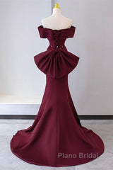 Wine Red Mermaid Lace-Up Satin Long Formal Dresses, Wine Red Off Shoulder Evening Dresses