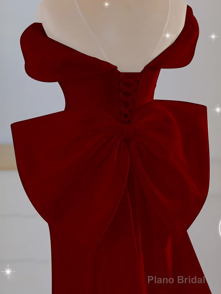 Wine Red Mermaid Long Party Dress with Bow, Wine Red Wedding Party Dress